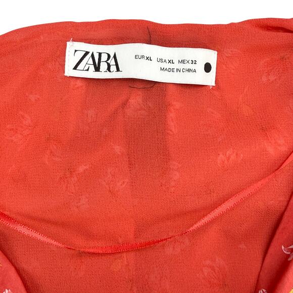 ZARA Red Floral Print Top Blouse With Belt Puff Shoulder Size XL - Picture 10 of 13